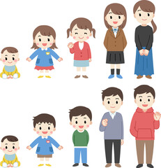 子供から大人への成長過程の全身イラスト　女の子　男の子
