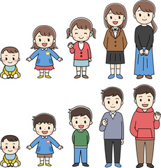 子供から大人への成長過程の全身イラスト　女の子　男の子