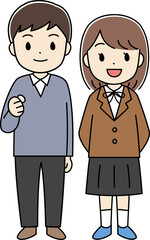制服を着た笑顔の学生の全身イラスト　全身　線あり