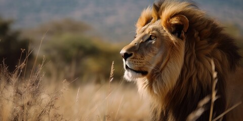 Fototapeta na wymiar Portrait of a lion in nature. Generative AI image