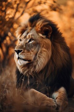 Closeup portrait of a lion in nature. Generative AI image