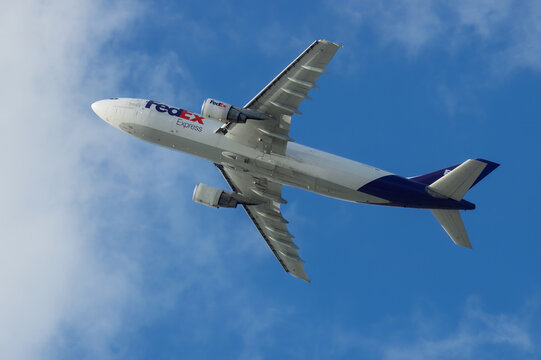 Los Angeles, California, United States: FedEx Express Airbus A300 aircraft with registration N728FD shown departing from LAX, Los Angeles International Airport.