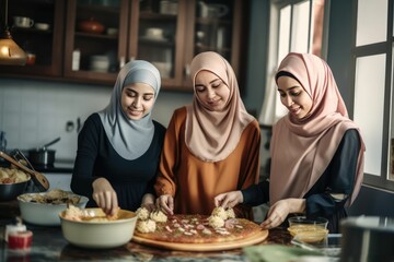Fototapeta na wymiar beautiful smiling women wearing a hijab preparing traditional meal for ramadan, for iftar, for breaking fast,Generative AI