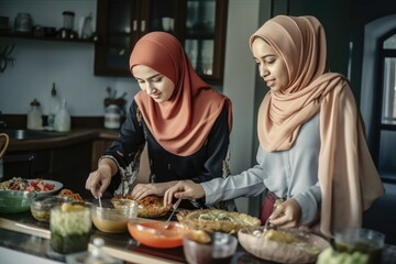 beautiful smiling women wearing a hijab preparing traditional meal for ramadan, for iftar, for breaking fast,Generative AI - obrazy, fototapety, plakaty