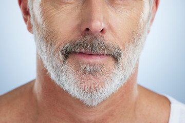 Beauty, beard and mouth of man in studio for grooming, hygiene and maintenance. Haircare, style and...