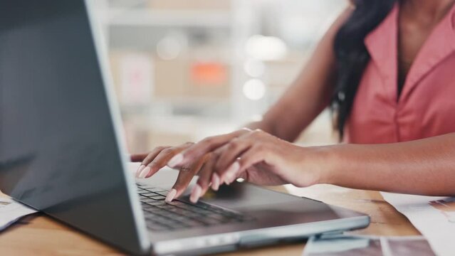 Laptop, hands and closeup of business woman typing email, proposal or planning in office. Zoom, keyboard and lady employee online for research, idea or creative inspiration while organizing schedule