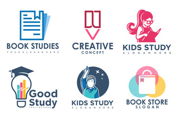 education and learn logo set,university and school book,lamp,book store and student.Teaching symbols