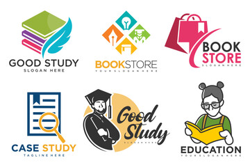 education and learn logo set.school book,pen,graduate hat,book store and student.Teaching symbols