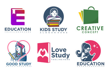 education and learn logo set.school book,graduate hat,book store and student.Teaching symbols