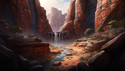 red rocky mountain with water fall mother nature generative ai