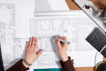 Close up of architect desk with blueprints. Business and creativity. Architecture job