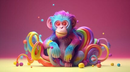 Naklejka premium Piece of artwork featuring the 3D colorful monkey - Generative AI