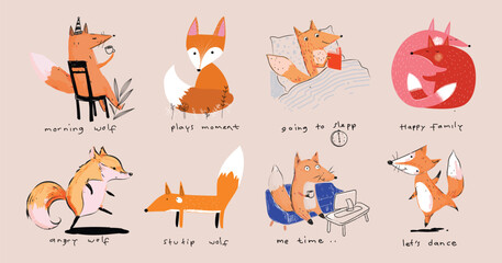Set of cute fox, wolf, cartoon animal icon character hand drawn vector illustration design.