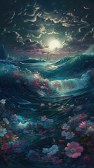 Painting of a turbulent sea with flowers and moon. generative ai