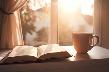 A book with Hot Coffee on the Window Sill. Generative ai.