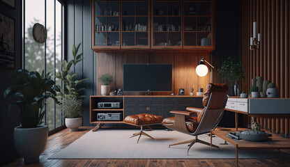 Modern interior of living room with wooden cabinet, Generative AI