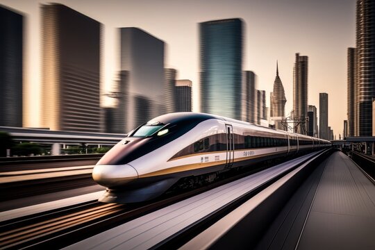 A high-speed bullet train speeding through a modern city skyline: This photo could show a sleek and modern bullet train whizzing past skyscrapers and other urban landmarks. Generative AI