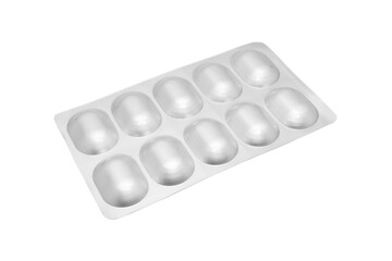 Macro shot pile of tablets pill in silver blister packaging isolated on white background. Aluminium foil blister pack. Pharmacy products. Medicine pills and drugs close up. Pills background