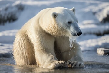 Naklejka na ściany i meble Polar Bear cleaning his coat in Kaktovik Alaska. Generative AI