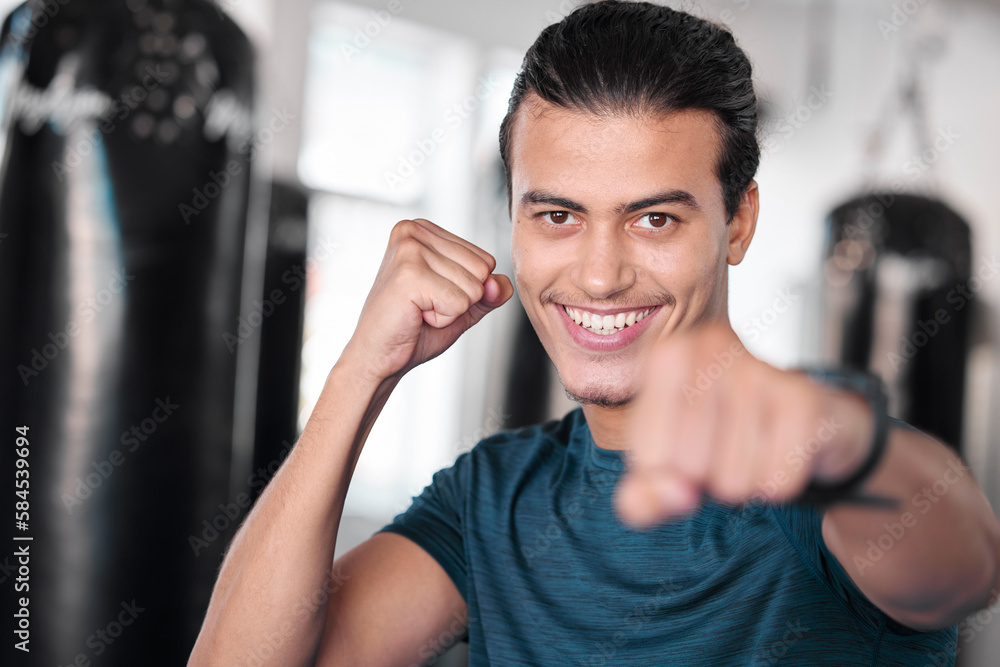 Canvas Prints Portrait, boxer punch and smile of man in gym ready to start workout, training or exercise. Boxing sports, wellness face and happy male athlete throw fist for fight, exercising or mma for strength.