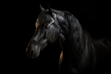 Obraz na płótnie Canvas Portrait of black stallion Horse with long mane. Generative AI.