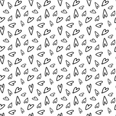 Vector Seamless Pattern .Doodle Hearts.Retro.Cartoon Style.Popular.Love. Modern.Black Stylish Hand-drawn on White Background.Print for Textile,Web Design,Social Media,Packaging,Wrapper,Paper,Cosiness.
