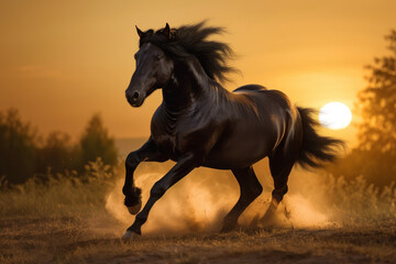 Obraz na płótnie Canvas Black stallion horse in sunset running free with mane flowing. Generative AI.