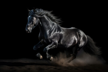 Obraz na płótnie Canvas Galloping black stallion horse on dark dust background. Generative AI.