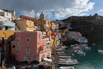 Aerial view of colourful fishermen's houses, on Procida Island, Bay of Naples, Italy.