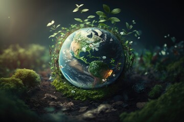 Obraz na płótnie Canvas The Earth with Green Plants Around It, Earth Day Concept. Generative Ai.