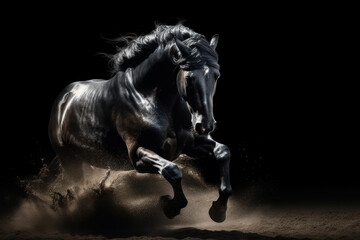 Galloping black stallion horse on dark dust background. Generative AI.
