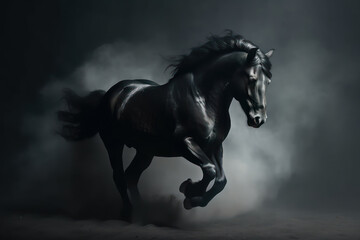 Fototapeta na wymiar Galloping black stallion horse on dark dust background. Generative AI.