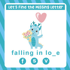 Find the missing letter cute and kawaii baby dragon falling in love worksheet for kids learning adjective in English. Educational alphabetic game. Spelling and writing practise page for children. 