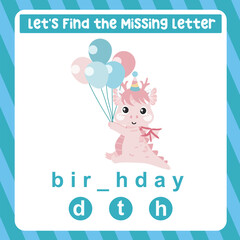 Find the missing letter cute and kawaii baby dragon attending a birthday party worksheet for kids learning adjective in English. Educational alphabetic game. Spelling and writing practise page for kid