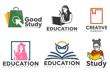 education and learn logo set.school book,graduate hat,book store and student.Teaching symbols