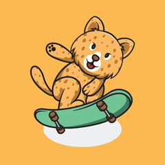 Cute Leopard playing skateboard cartoon illustration