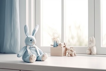 Soft Toy Bunny Near Window in Kids Room Background