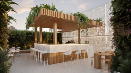 rooftop bar tropical architecture tropical vegetation parametric wood pergola white marble wall