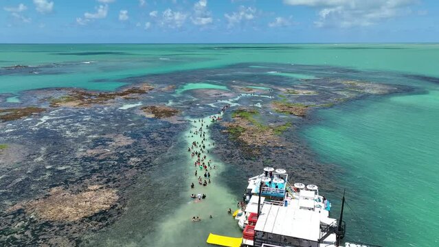 Natural Pools At Joao Pessoa In Paraiba Brazil. Seascape Landscape. Coast Coral Reef. Nature Boat. Snorkelling Background. Natural Pools At Joao Pessoa Paraiba Brazil.