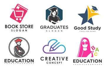education and learn logo set.school book,pen,graduate hat,book store and student.Teaching symbols