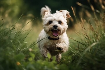 Happy Cute Dog Running Outdoors in Park Background, Close up