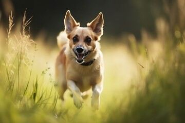 Happy Cute Dog Running Outdoors in Park Background, Close up