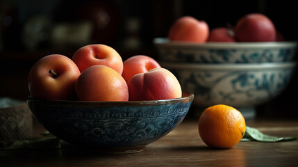 Fruit Still Life Food Image with Dramatic Lighting and Vintage Aesthetic on an Aged Farmhouse Table- Generative AI