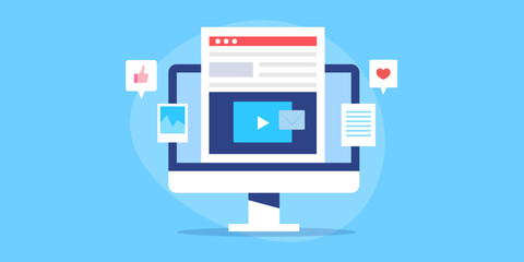 Content marketing social media sharing on computer internet business concept, vector illustration banner.