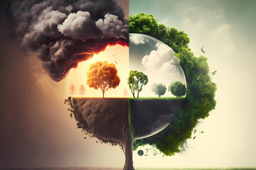 Concept of climate change and global warming ecology and with burning forrest, melting icebergs, rising sea levels, and extreme weather events, world is burning, Generative AI