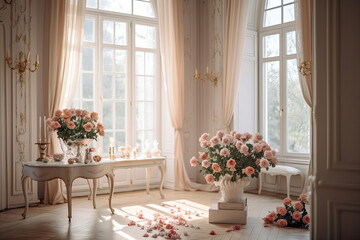 Elegant room and pink roses, Generative AI