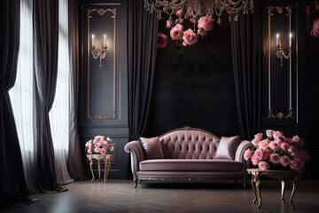 Elegant princess room decorated with roses, Generative AI
