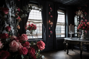 Elegant princess room decorated with roses, Generative AI