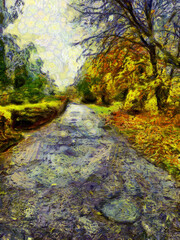 Autumn road and trees digital painting