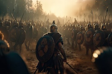 Julius Caesar and his Roman generals and warriors in battle. Generative AI. - obrazy, fototapety, plakaty